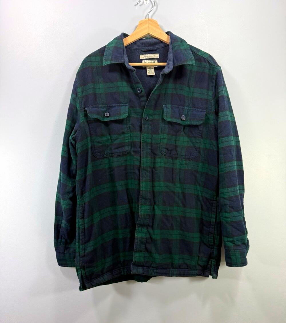 L.L.Bean Green/Blue Plaid fleece lined Long Sleeve Button-Up shacket size M 0235